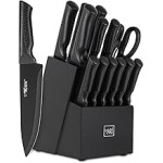 Knife Set, 15 Pcs Kitchen Knife Set with Block Self Sharpening, Dishwasher Safe, 6 Steak Knives, Anti-slip handle, Black