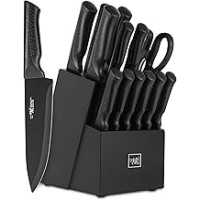 Knife Set, 15 Pcs Kitchen Knife Set with Block Self Sharpening, Dishwasher Safe, 6 Steak Knives, Anti-slip handle, Black